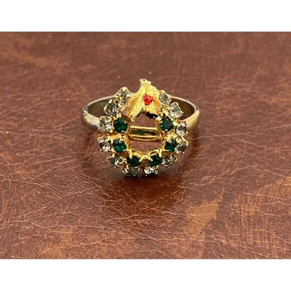 Vintage Gold Tone Christmas Wreath Ring Green Clear Rhinestones Adjustable Fit - Picture 5 of 8